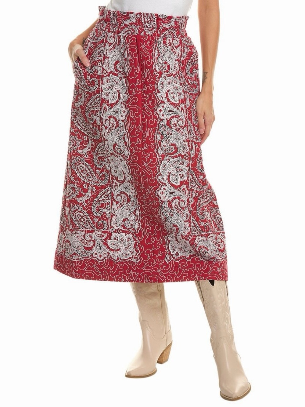 Sea New York Theodora Bandana Print Quilted Midi Skirt Red Medium